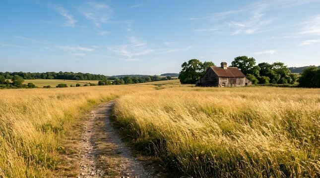 Path through a golden field leading to a rustic house on a sunny day