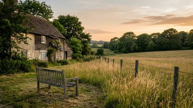 Scenic rural cottage with wooden bench and grassy field at sunset