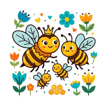 Cute bee family vector illustration with flowers and honeycomb on transparent background