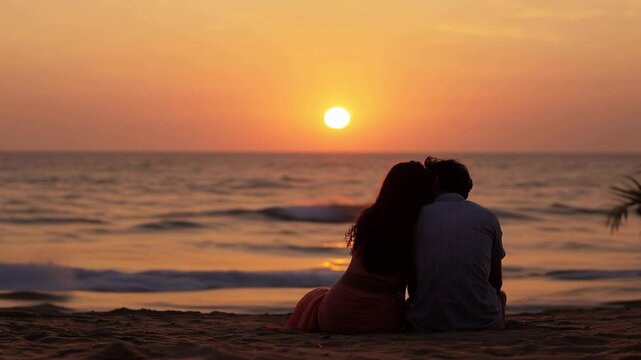 Lovers couple sitting on a beach at sunset