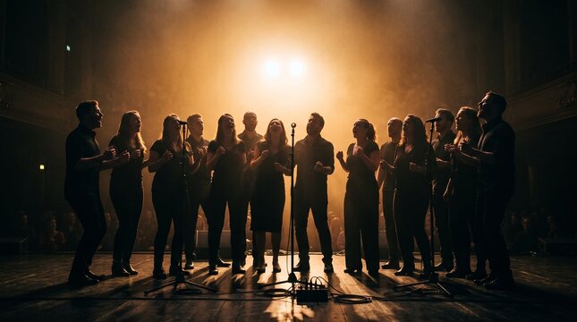 A diverse choir group singing together on stage with warm stage lighting