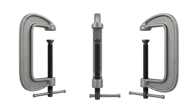 Three clamps shown from three angles isolated on a transparent background, mockup