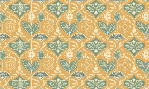 Folk Botanical Tile Seamless Vector Pattern &mdash; Ochre Teal Leaf Ogee Repeat