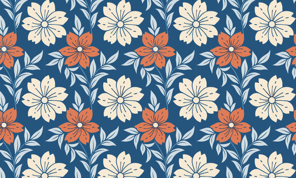 Navy Blue Ditsy Floral Seamless Vector Pattern with Terracotta and Cream Blooms on Branches