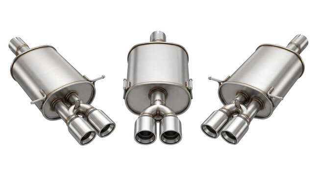 Three car exhaust mufflers displ shown from three angles isolated on a transparent background, mockup