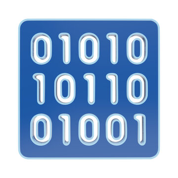 3D rendered blue square icon containing binary code digits 0 and 1, representing computer programming, data processing, and digital information technology isolated on a transparent background