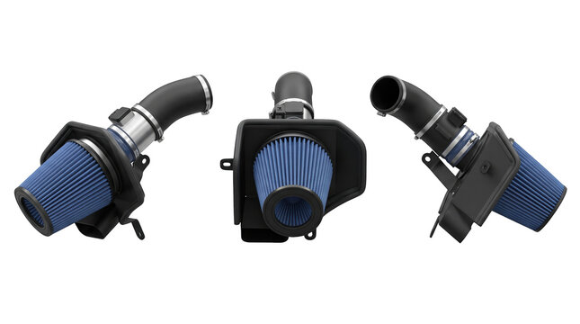 Automotive engine air intake ass shown from three angles isolated on a transparent background, mockup