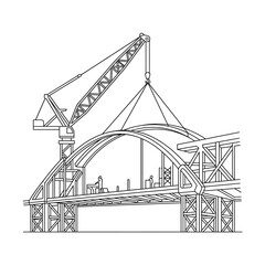 Fototapeta premium Bridge Construction Site with Tower Crane Line Art Vector