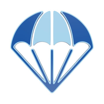 A 3D icon of a parachute, rendered in shades of blue with a stylized appearance, isolated on a white background, for adventure or, safety related isolated on a transparent background