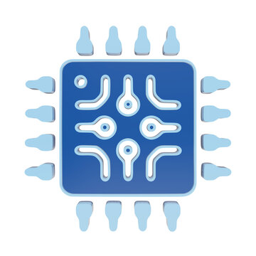 3D blue icon of a computer processor chip with circuit board connections, representing hardware, computing, and technology on a dark background isolated on a transparent background