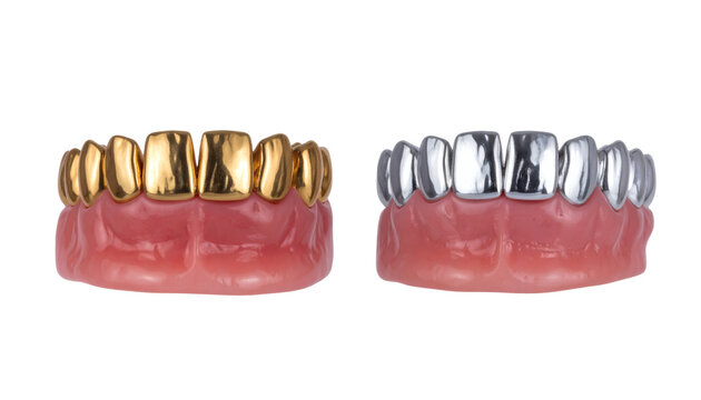 Dental grillz set showing luxurious gold and shiny silver teeth accessories for hip hop fashion style photography&nbsp;