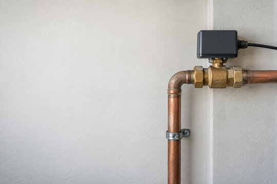 Motorized water shutoff valve on copper pipe with copy space
