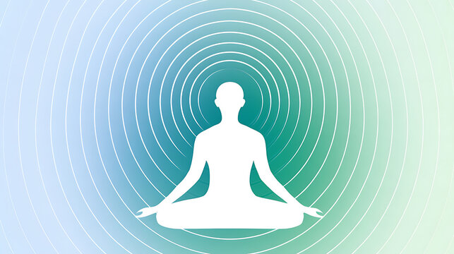 Illustration of a background with a white silhouette of a person seated in a yoga or meditation pose, against a faded light blue and green background with radial circles around the head.