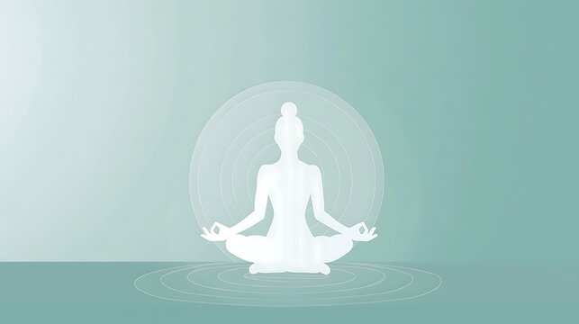 A minimalist illustration for meditation with a white background: a silhouette of a person sitting in a cross-legged yoga pose, hands resting on knees in a mudra.
