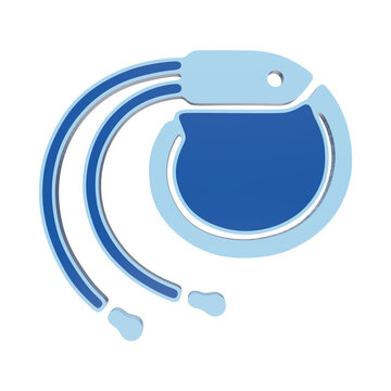 A 3D rendered cardiac pacemaker icon featuring a medical device with leads in shades of blue, isolated on a white background, for cardiology themes isolated on a transparent background