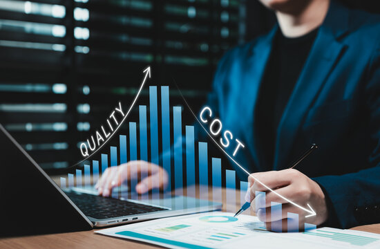 Quality improvement and cost reduction business strategy concept. Businesswoman using laptop, balance chart, rising quality arrow, declining cost curve, performance optimization, efficiency management