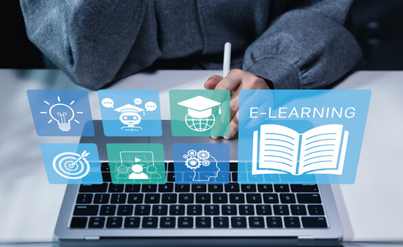 Person using laptop with e-learning and education icon. online learning concept, digital education, virtual classroom, AI tutor, knowledge sharing, training study course, remote academic development