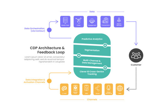 customer data platform infographic template with architecture data channel flow diagram, flat style