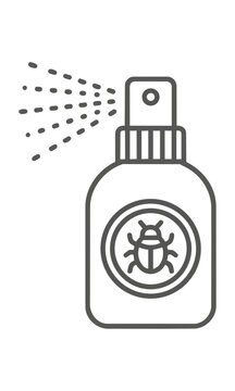 Minimalist line art icon of an insect repellent spray bottle with a shield emblem and bug silhouette on white background Pest control concept