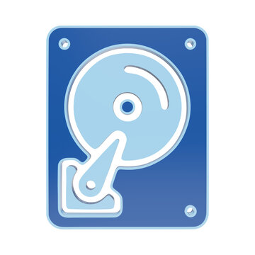 3D blue icon of a computer hard drive disk storage device, representing data storage, memory, and digital information on a dark background isolated on a transparent background