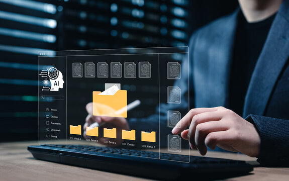 AI document management system and smart file organization concept. Businesswoman typing on keyboard to operate folder archive, paperless digital document, database storage, automated sorting interface