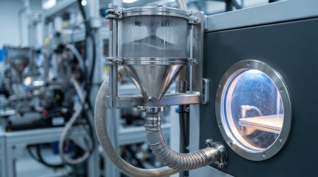 Metal powder hopper feeding inert gas additive manufacturing system with hoses, funnel, and observation window
