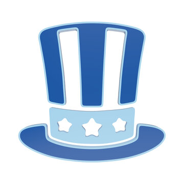 3D icon of an uncle sam hat with stars and stripes, rendered in shades of blue on a white background, style patriotic american isolated on a transparent background