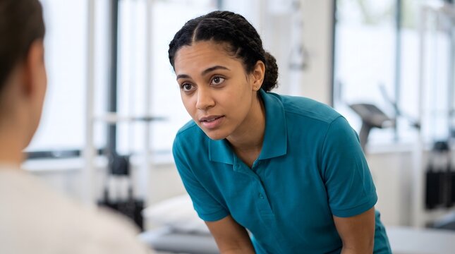 Female physiotherapist leaning forward to speak with patient