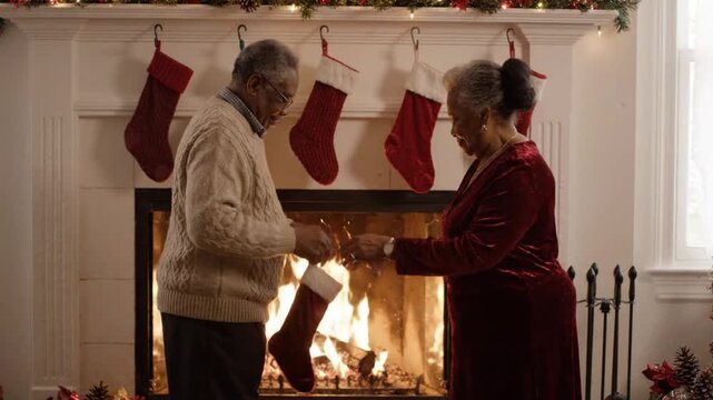 Senior couple hanging christmas stockings on the fireplace mantel in their cozy living room home with decorated seasonal greenery firelight background