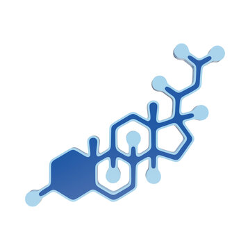 Chemical molecular structure icon in blue, representing cholesterol or steroid hormone, scientific research and pharmaceutical chemistry concept isolated on a transparent background