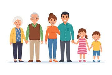 Obraz premium Happy Multigenerational Family Standing Together – Grandparents, Parents and Children Family Unity Illustration