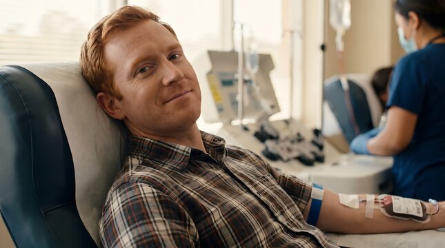 Male donor smiling while giving blood at donation clinic