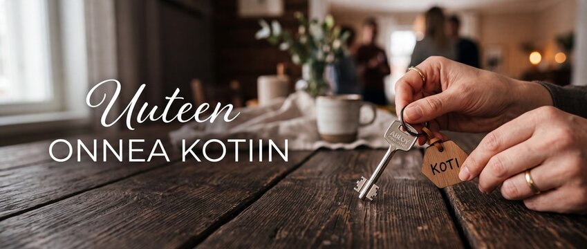 Home key hand holding keychain at housewarming celebration with Finnish text Uuteen Onnea Kotiin on rustic wooden table, cozy family moving in to new apartment concept.