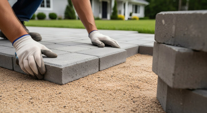 Paver installation worker laying gray concrete bricks on a sandy surface for a residential patio landscaping project in summer