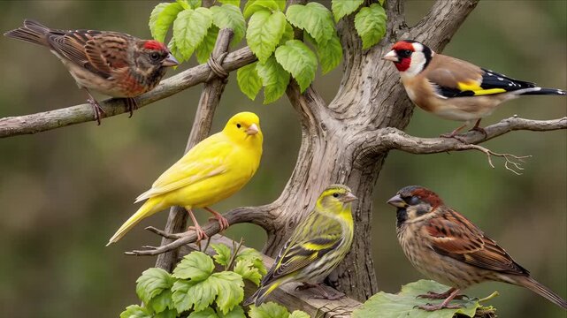 Domestic canary (Serinus canaria) and wild songbirds perched together on a leafy tree branch in nature
