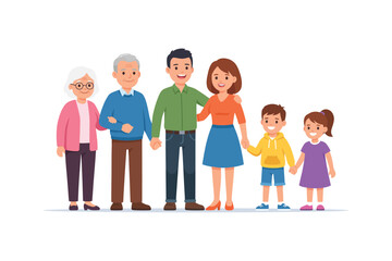 Obraz premium Happy Multigenerational Family Standing Together – Grandparents, Parents and Children Family Unity Illustration