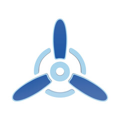 A stylized three-blade airplane propeller icon rendered in shades of light and dark blue, featuring a circular center hub and curved blades on a white isolated on a transparent background © Arthur