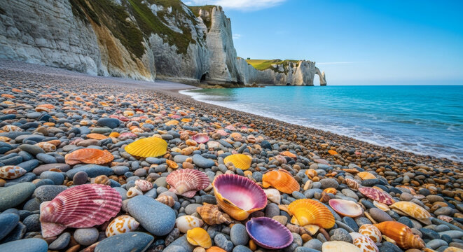 Seashells on a colorful pebble beach with dramatic white chalk cliffs and turquoise ocean waves under a clear blue sky