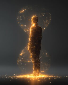A glowing silhouette represents introspection and transformation in a dreamlike environment.