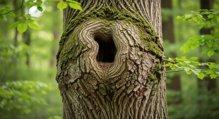 Obraz premium Tree hollow inside an old oak trunk with textured bark and green moss in a lush summer forest environment background