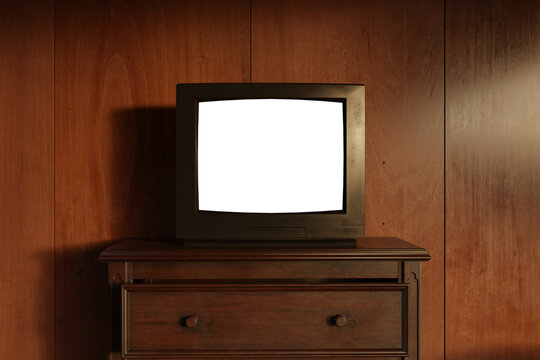 3D Rendering of an old television with isolated PNG screen in front of wood panels