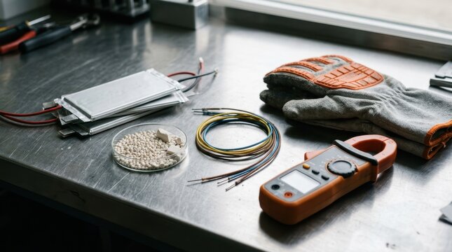 pouch cells, ceramic electrolyte pellets, thermocouple leads, fireproof gloves, and a clamp meter on a stainless workbench