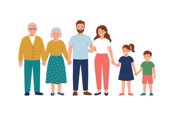 Fototapeta premium Happy Multigenerational Family Standing Together – Grandparents, Parents and Children Family Unity Illustration