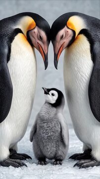 Emperor Penguin (Aptenodytes forsteri) parents caring for cute chick on snow in Antarctica