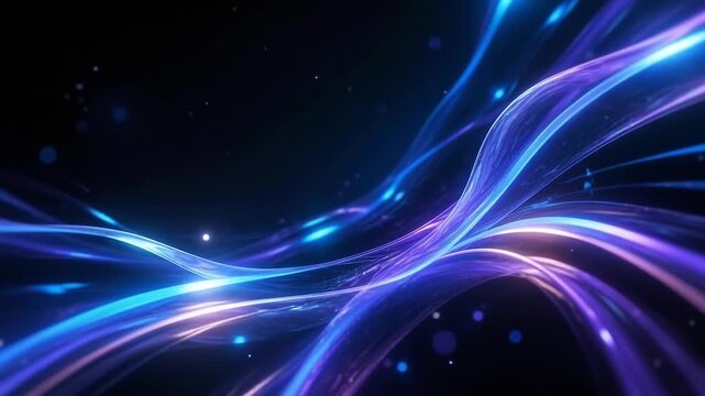 Electric blues and purples swirl across the dark void. Tiny particles float around the glowing lines. Light bends and flows, creating a dynamic motion. The image evokes energy and movement