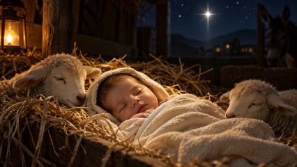 Fototapeta premium Newborn Jesus Christ in a Manger, a Peaceful and Holy Nativity Scene with Sleeping Baby and Sheep on a Sacred Night.