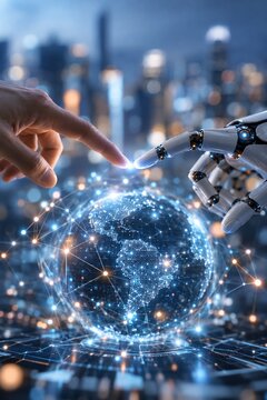 Abstract big data network and AI technology, showcasing deep learning algorithms and artificial intelligence in business, with the world at your fingertips.