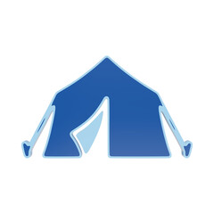 A stylized blue camping tent icon with a light blue outline, presented on a plain white background, representing outdoor recreation and adventure isolated on a transparent background © Arthur