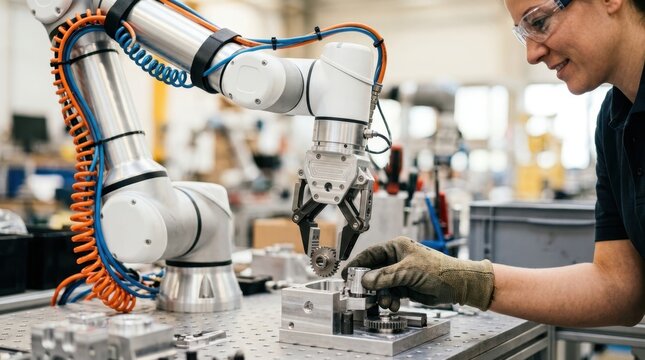 Human and humanoid robot working together in a bright assembly cell with gripper, cables, and aluminum parts