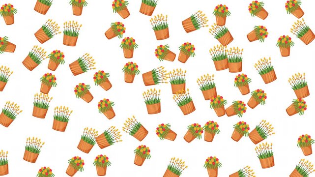 Seamless Pattern of Colorful Potted Plants and Flowers on White Background
